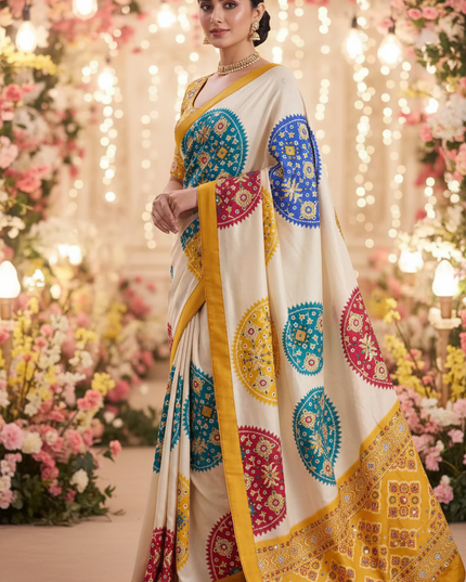 Crepe Silk Patola Print Saree with Mirror Work | Festive Wear - Rosepetals Luxe