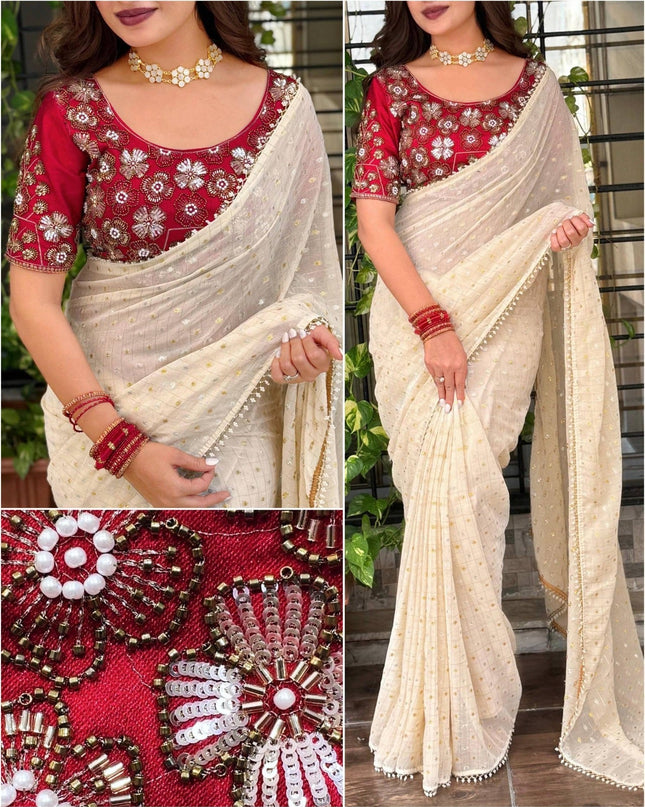 Crunchy Georgette Saree with Gadwal Silk Blouse | Dual Zari & Pearl Embroidery - Rosepetals Luxe