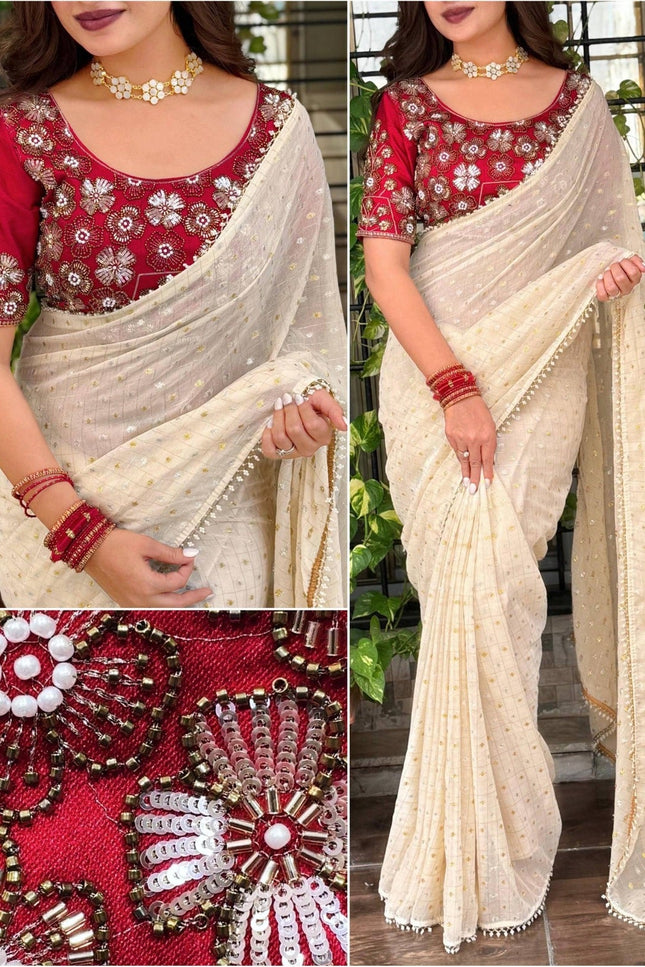 Crunchy Georgette Saree with Gadwal Silk Blouse | Dual Zari & Pearl Embroidery - Rosepetals Luxe