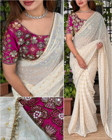 Crunchy Georgette Saree with Gadwal Silk Blouse | Dual Zari & Pearl Embroidery - Rosepetals Luxe