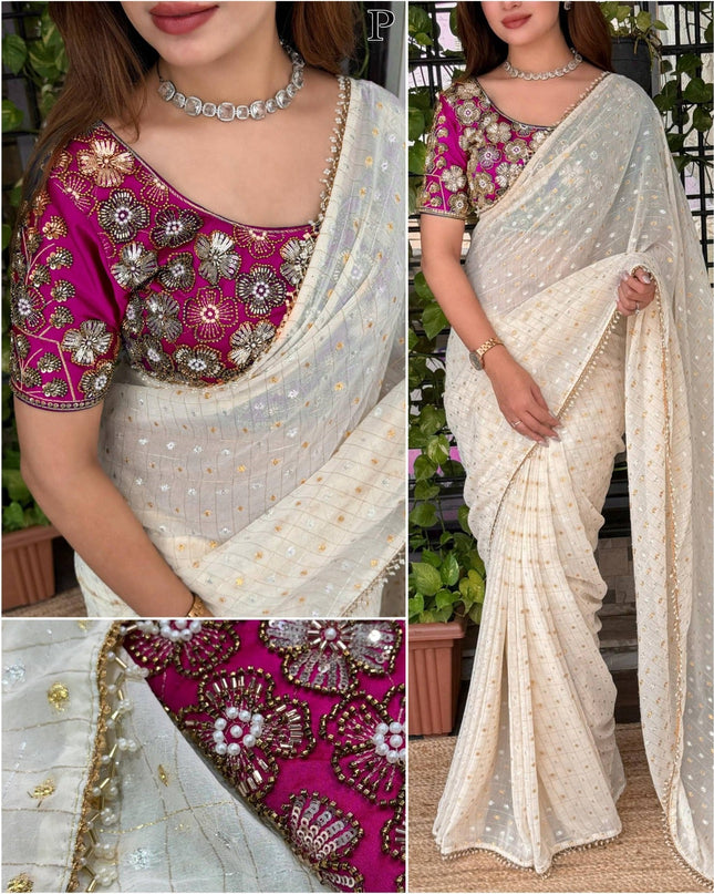 Crunchy Georgette Saree with Gadwal Silk Blouse | Dual Zari & Pearl Embroidery - Rosepetals Luxe