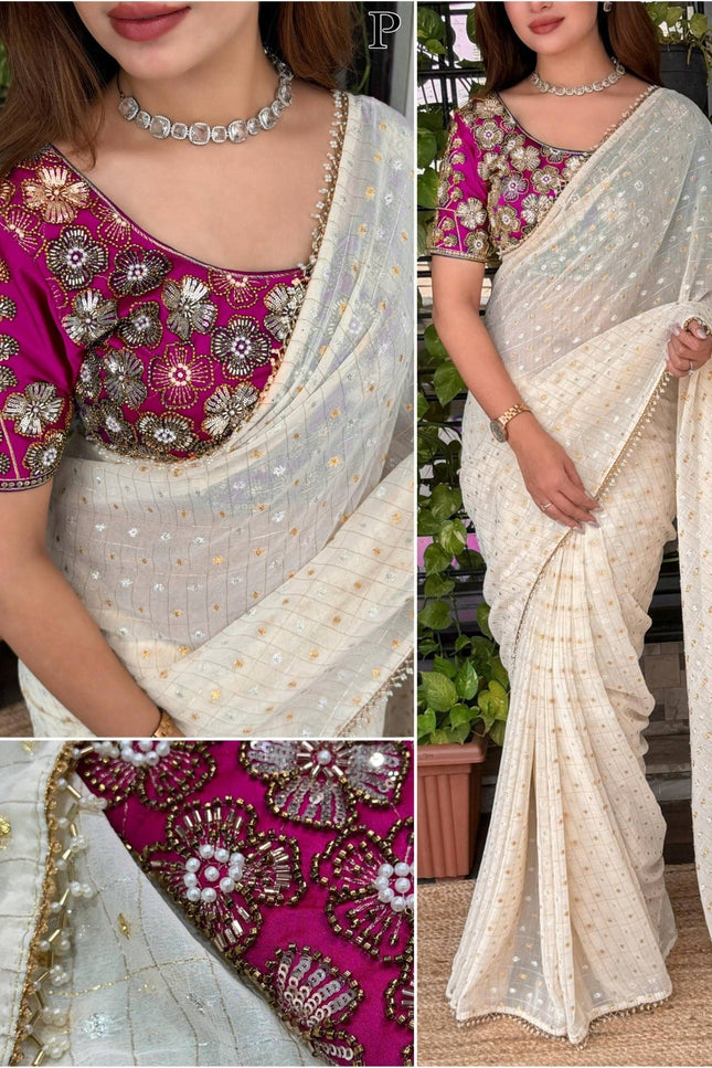 Crunchy Georgette Saree with Gadwal Silk Blouse | Dual Zari & Pearl Embroidery - Rosepetals Luxe