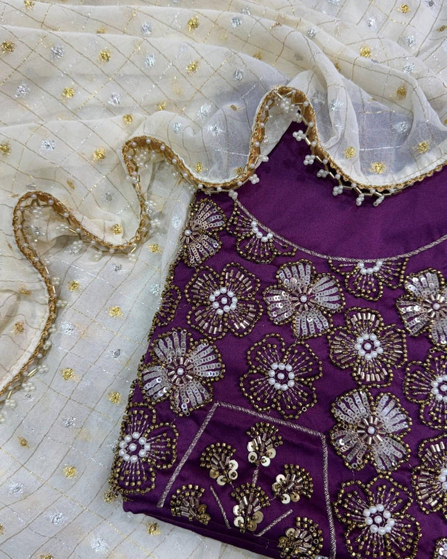 Crunchy Georgette Saree with Gadwal Silk Blouse | Dual Zari & Pearl Embroidery - Rosepetals Luxe