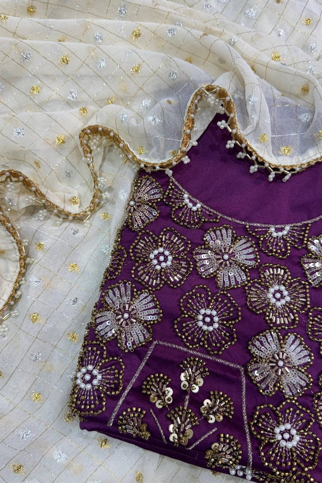 Crunchy Georgette Saree with Gadwal Silk Blouse | Dual Zari & Pearl Embroidery - Rosepetals Luxe
