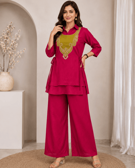 Crunchy Silk Kurti Koti & Palazzo Set with Embroidered Handwork - Rosepetals Luxe