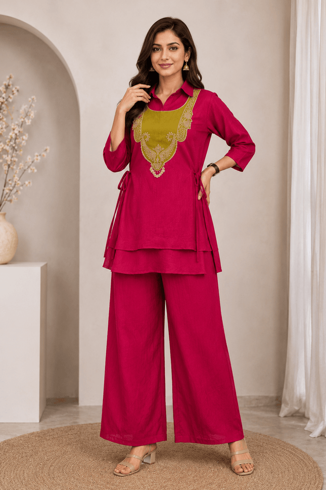 Crunchy Silk Kurti Koti & Palazzo Set with Embroidered Handwork - Rosepetals Luxe