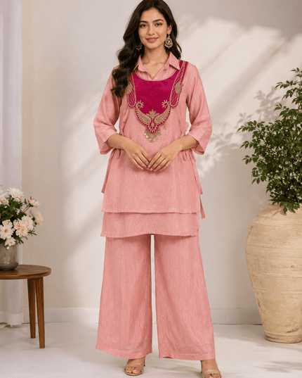 Crunchy Silk Kurti Koti & Palazzo Set with Embroidered Handwork - Rosepetals Luxe