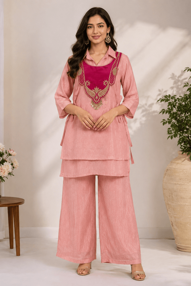 Crunchy Silk Kurti Koti & Palazzo Set with Embroidered Handwork - Rosepetals Luxe