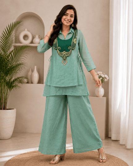 Crunchy Silk Kurti Koti & Palazzo Set with Embroidered Handwork - Rosepetals Luxe