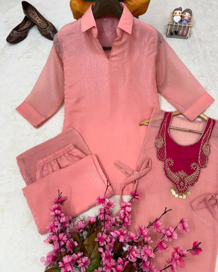 Crunchy Silk Kurti Koti & Palazzo Set with Embroidered Handwork - Rosepetals Luxe