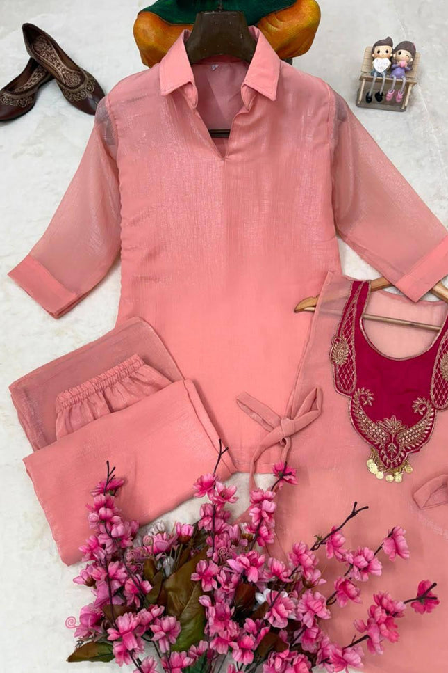 Crunchy Silk Kurti Koti & Palazzo Set with Embroidered Handwork - Rosepetals Luxe