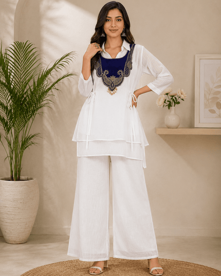 Crunchy Silk Kurti Koti & Palazzo Set with Embroidered Handwork - Rosepetals Luxe