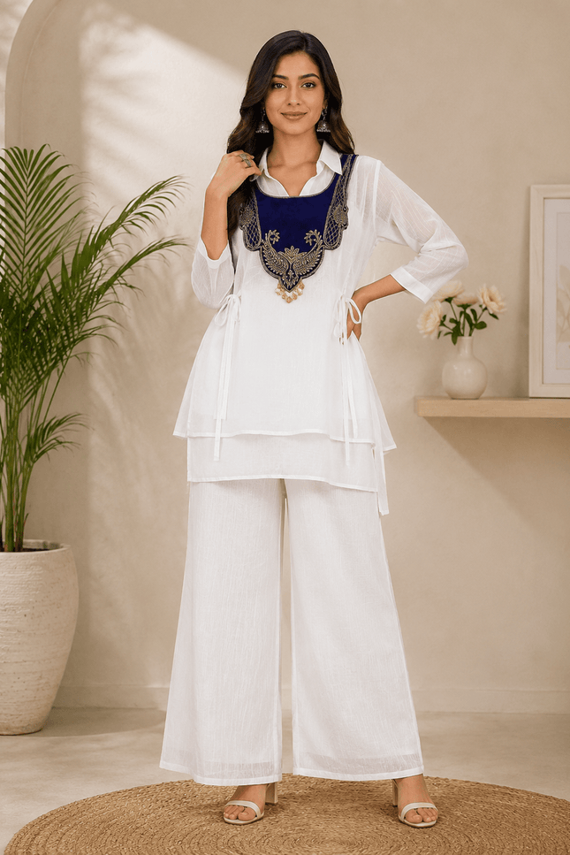 Crunchy Silk Kurti Koti & Palazzo Set with Embroidered Handwork - Rosepetals Luxe