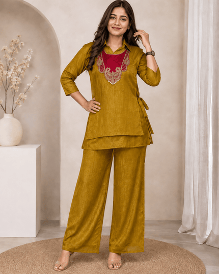 Crunchy Silk Kurti Koti & Palazzo Set with Embroidered Handwork - Rosepetals Luxe