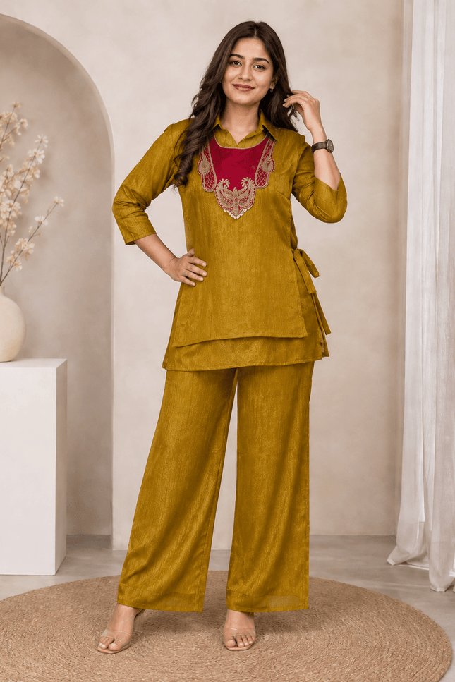 Crunchy Silk Kurti Koti & Palazzo Set with Embroidered Handwork - Rosepetals Luxe
