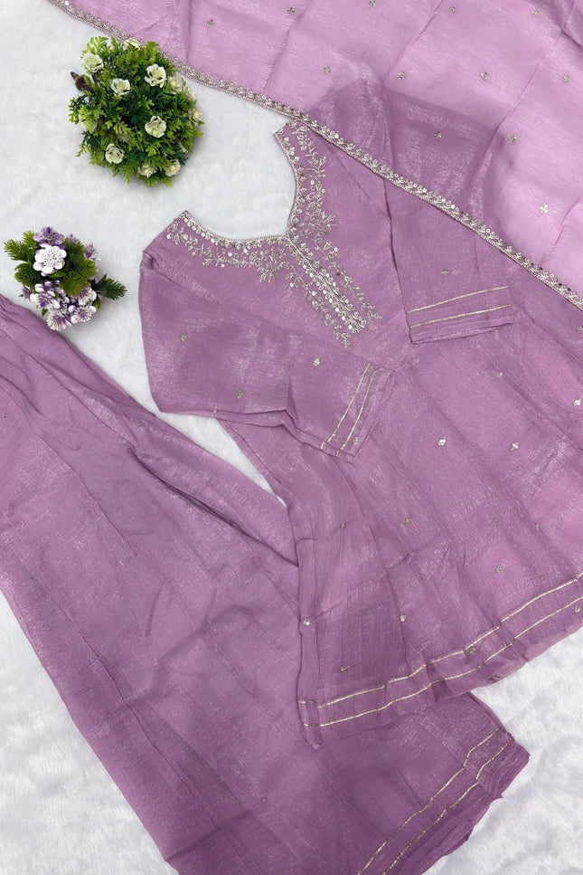 Crunchy Silk Sharara Set | Embroidery, Sequence & Gota Patti Work | Party Wear - Rosepetals Luxe