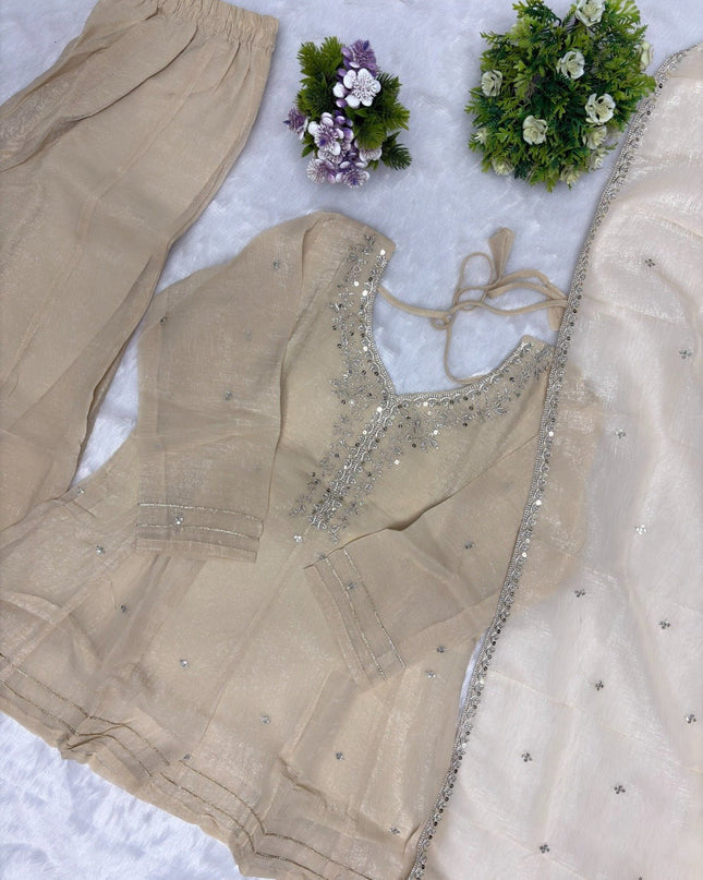 Crunchy Silk Sharara Set | Embroidery, Sequence & Gota Patti Work | Party Wear - Rosepetals Luxe