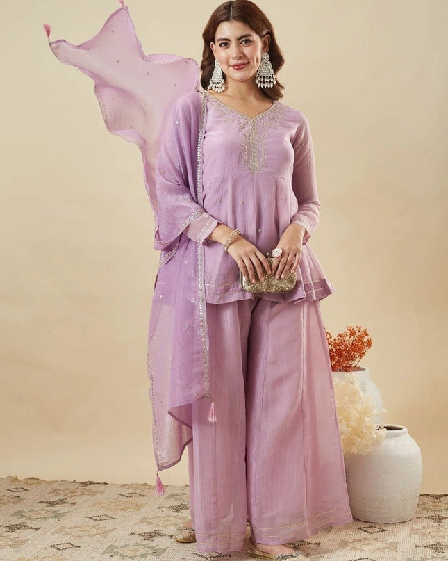 Crunchy Silk Sharara Set | Embroidery, Sequence & Gota Patti Work | Party Wear - Rosepetals Luxe