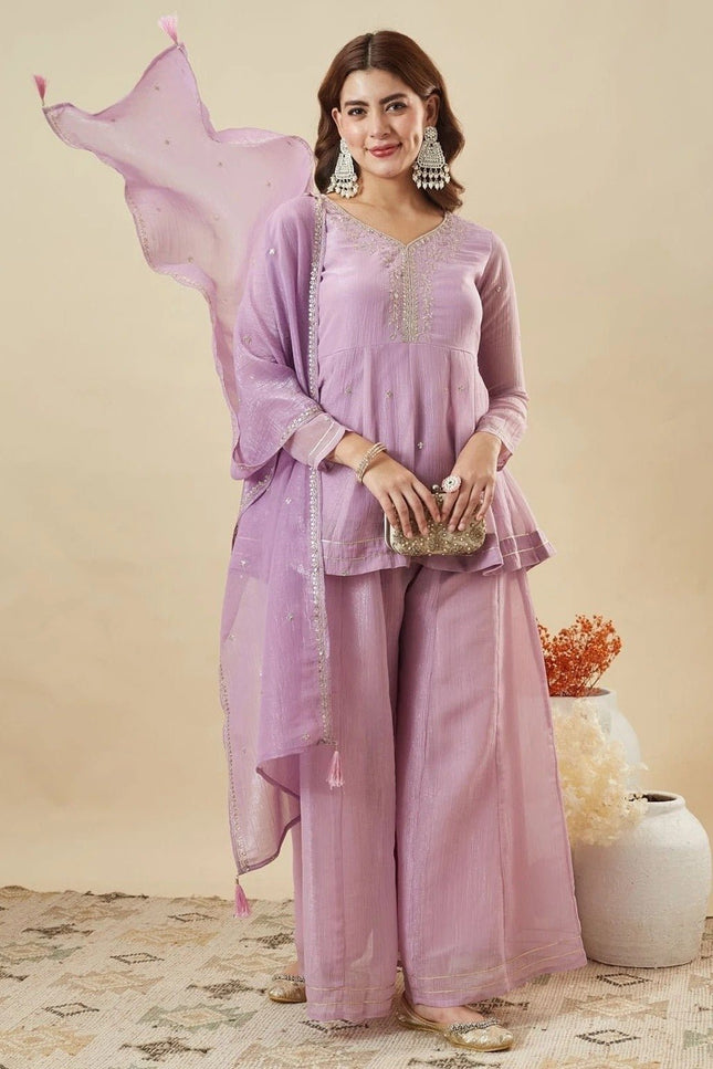 Crunchy Silk Sharara Set | Embroidery, Sequence & Gota Patti Work | Party Wear - Rosepetals Luxe