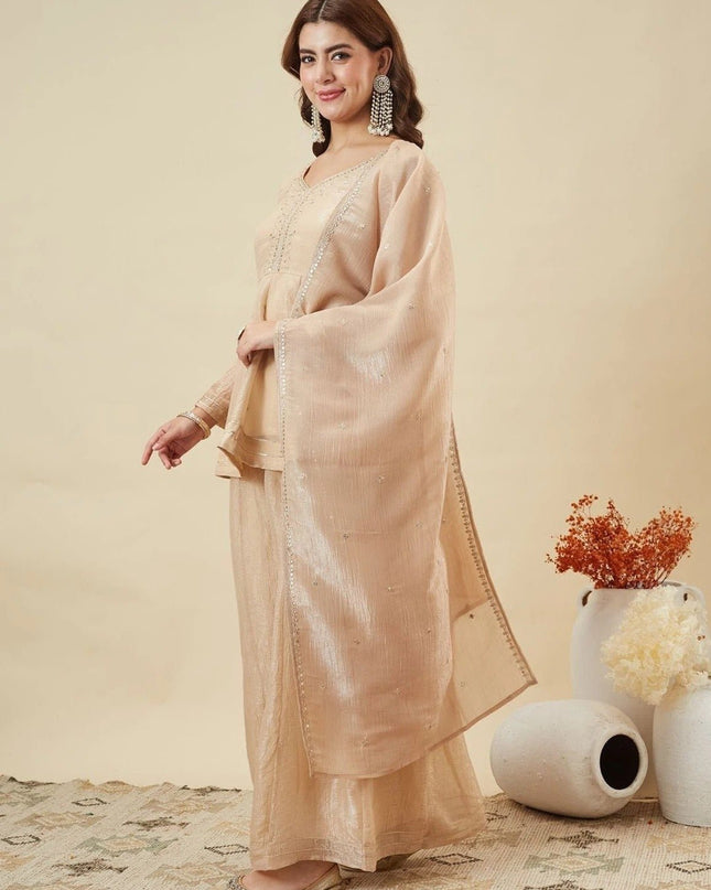 Crunchy Silk Sharara Set | Embroidery, Sequence & Gota Patti Work | Party Wear - Rosepetals Luxe