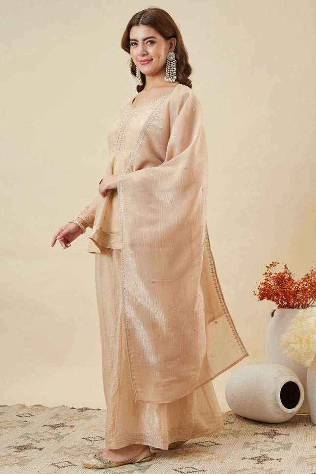 Crunchy Silk Sharara Set | Embroidery, Sequence & Gota Patti Work | Party Wear - Rosepetals Luxe
