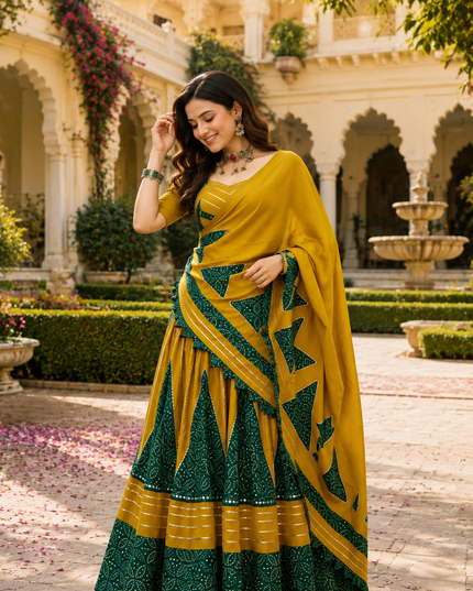 Women’s Ajrakh Print Rayon Lehenga Choli with Mirror Lace, Gotta Patti & Dupatta | Navratri Festive Wear