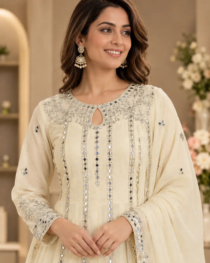 Festive Georgette Gown with Lehenga and Dupatta | Sequence Embroidery and Real Mirror Work Designer Ethnic Set