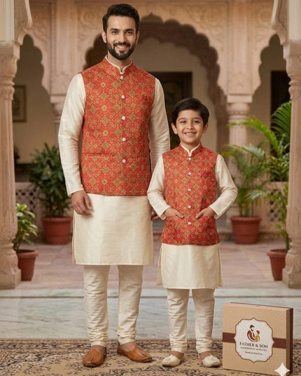 Dad & Son Matching Kurta Koti Set | Malai Satin | Festive Ethnic Combo | Sizes 6–12 Yrs & M–3XL - Rosepetals Luxe