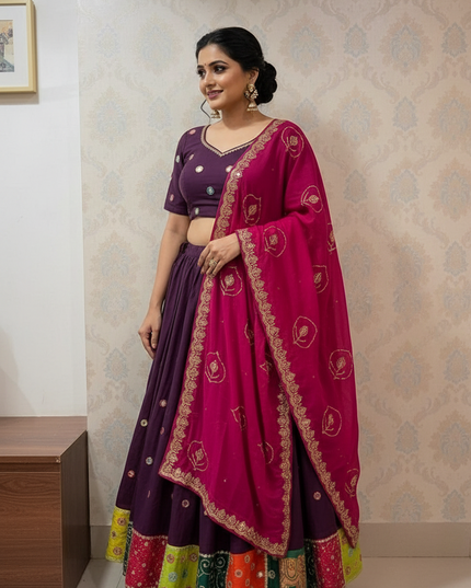 Designer Roman Silk Embroidered Lehenga Choli Set with Aari Mirror Work and Vintage Embroidered Dupatta Navratri Garba Dandiya Festive Wear for Women - Rosepetals Luxe 