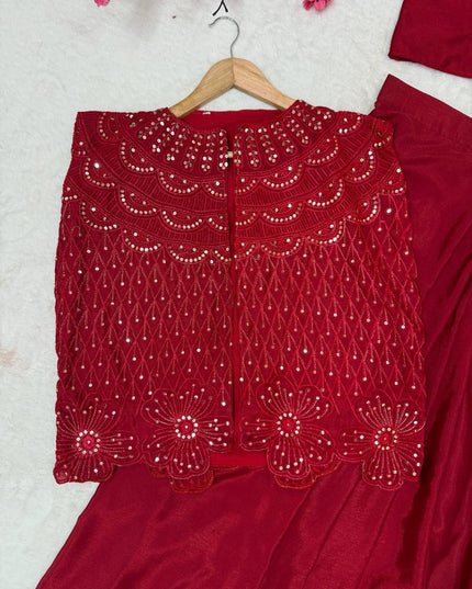 Deep Maroon Chinon Silk Jacket Lehenga Saree Set - Rosepetals Luxe