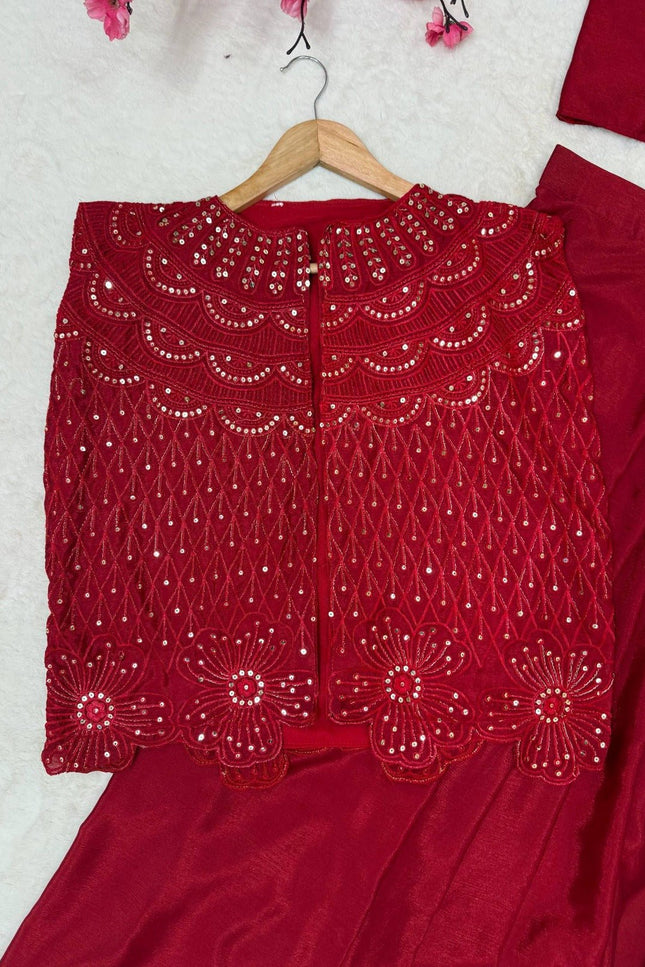 Deep Maroon Chinon Silk Jacket Lehenga Saree Set - Rosepetals Luxe