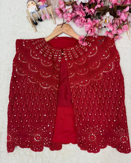 Deep Maroon Chinon Silk Jacket Lehenga Saree Set - Rosepetals Luxe