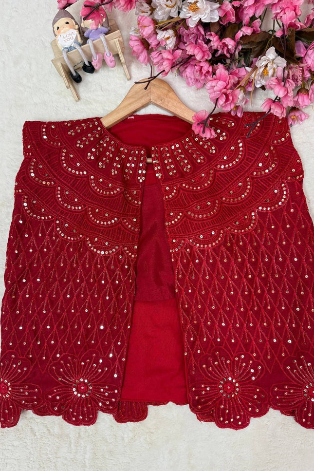 Deep Maroon Chinon Silk Jacket Lehenga Saree Set - Rosepetals Luxe