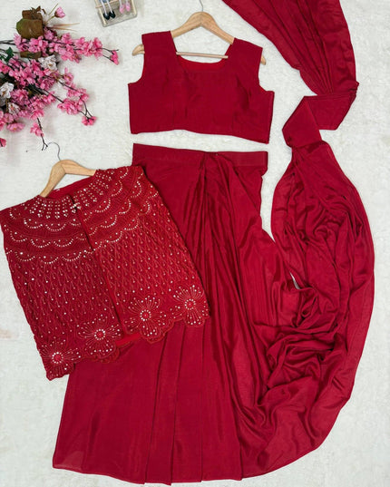 Deep Maroon Chinon Silk Jacket Lehenga Saree Set - Rosepetals Luxe