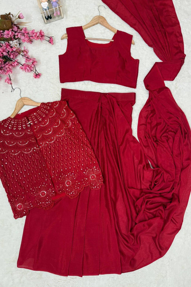 Deep Maroon Chinon Silk Jacket Lehenga Saree Set - Rosepetals Luxe