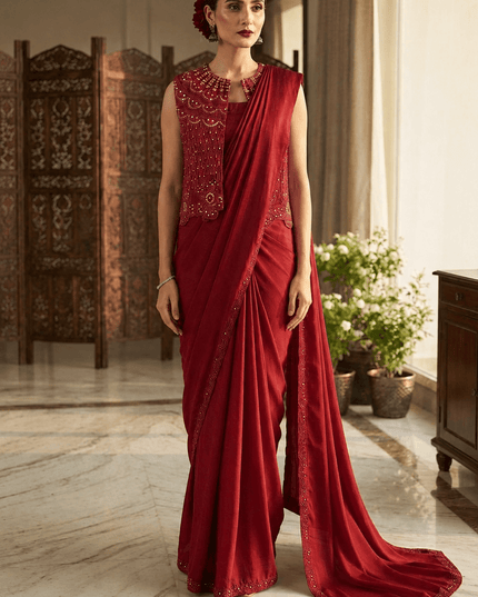 Deep Maroon Chinon Silk Jacket Lehenga Saree Set - Rosepetals Luxe