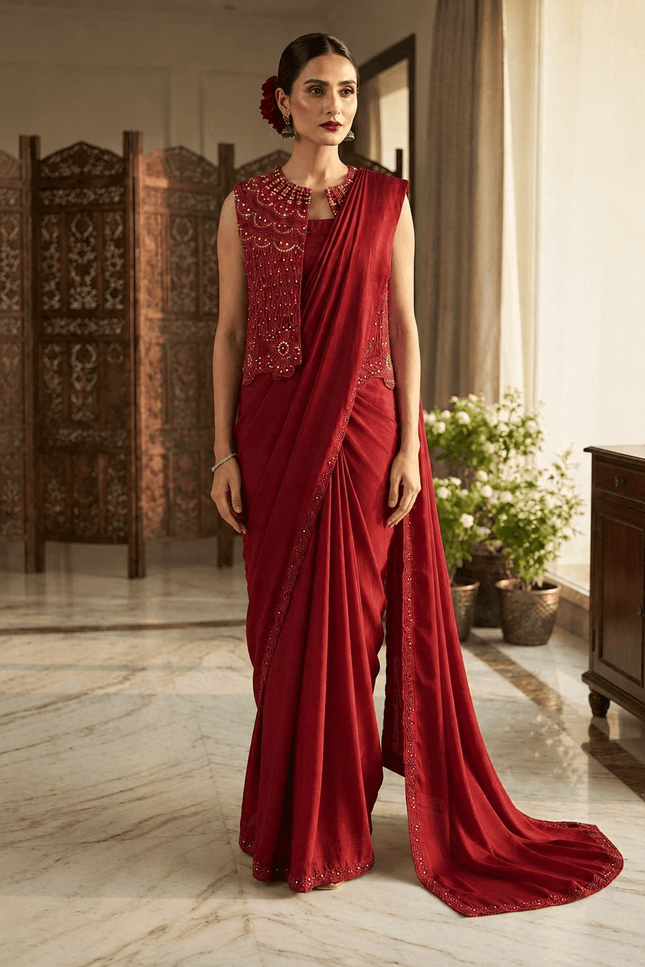 Deep Maroon Chinon Silk Jacket Lehenga Saree Set - Rosepetals Luxe