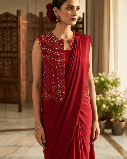 Deep Maroon Chinon Silk Jacket Lehenga Saree Set - Rosepetals Luxe