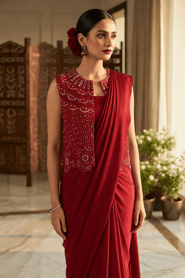 Deep Maroon Chinon Silk Jacket Lehenga Saree Set - Rosepetals Luxe