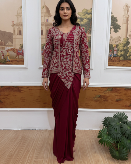 Ready to Wear Drape Saree with Koti | Zari & Semi Beads Embroidery | Faux Georgette - Rosepetals Luxe