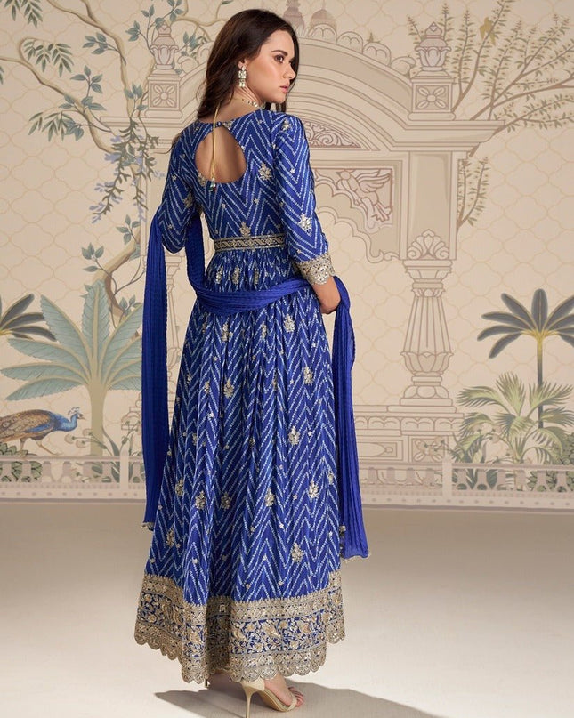 Designer Anarkali Gown Set | Chinon Silk with Embroidery, Sequin Work & Digital Print | Fully Stitched - Rosepetals Luxe