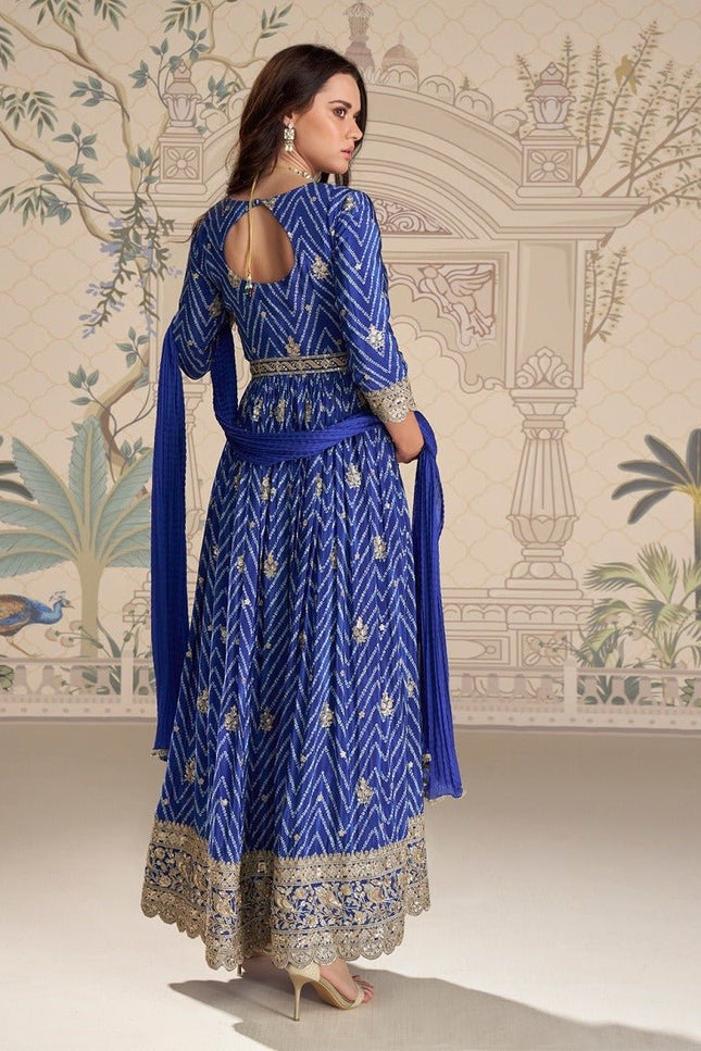 Designer Anarkali Gown Set | Chinon Silk with Embroidery, Sequin Work & Digital Print | Fully Stitched - Rosepetals Luxe