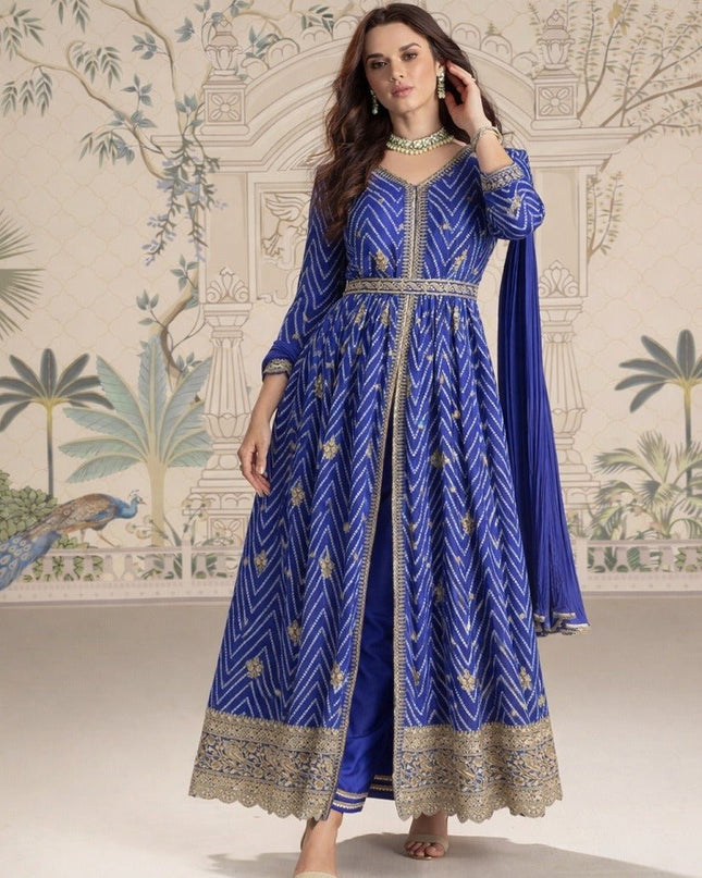 Designer Anarkali Gown Set | Chinon Silk with Embroidery, Sequin Work & Digital Print | Fully Stitched - Rosepetals Luxe