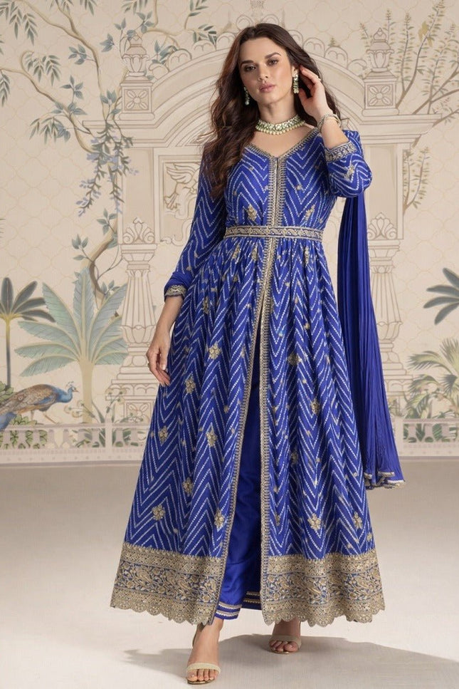 Designer Anarkali Gown Set | Chinon Silk with Embroidery, Sequin Work & Digital Print | Fully Stitched - Rosepetals Luxe