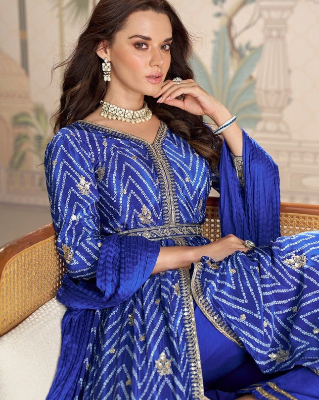 Designer Anarkali Gown Set | Chinon Silk with Embroidery, Sequin Work & Digital Print | Fully Stitched - Rosepetals Luxe