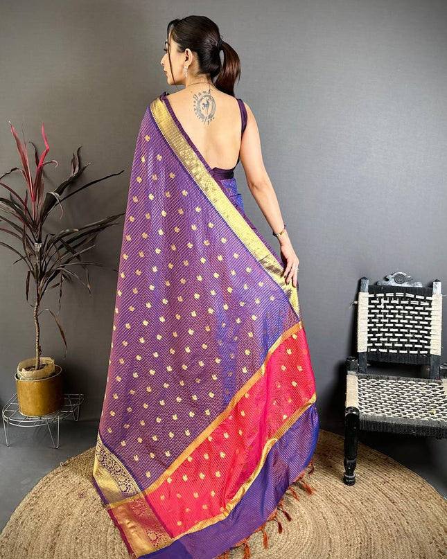 Designer Banarasi Tissue Saree with All - Over Butti Weaving & Rich Border - Rosepetals Luxe