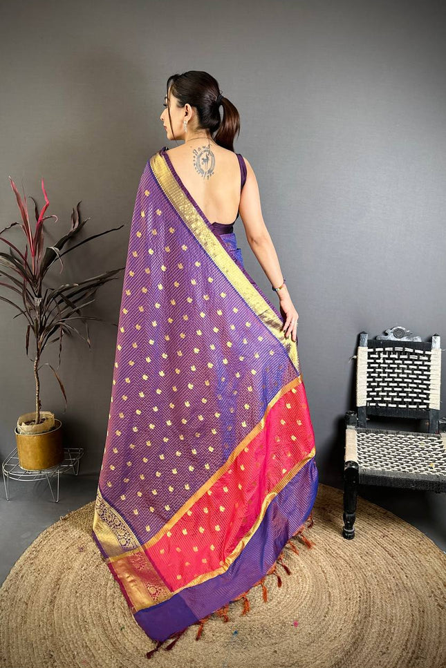 Designer Banarasi Tissue Saree with All - Over Butti Weaving & Rich Border - Rosepetals Luxe