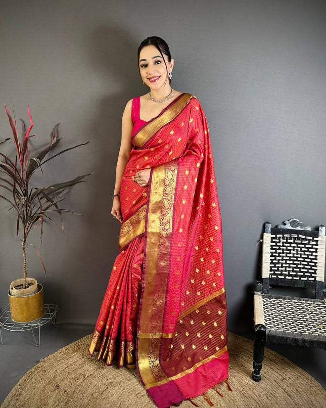 Designer Banarasi Tissue Saree with All - Over Butti Weaving & Rich Border - Rosepetals Luxe