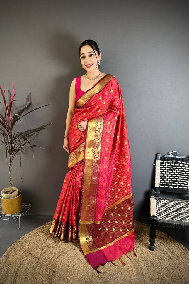 Designer Banarasi Tissue Saree with All - Over Butti Weaving & Rich Border - Rosepetals Luxe