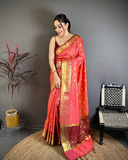 Designer Banarasi Tissue Saree with All - Over Butti Weaving & Rich Border - Rosepetals Luxe